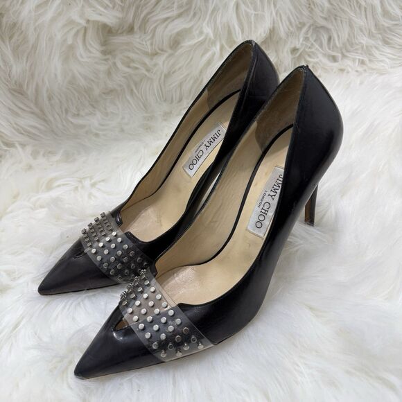 Jimmy Choo Pointy Toe Hazel 100 Black Shiny Textured Studded 41 EUR Pumps - Picture 1 of 16